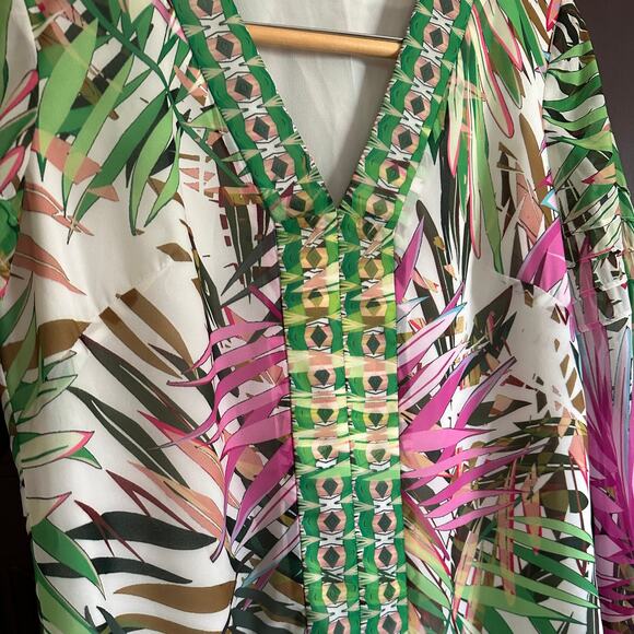 BADGLEY MISCHKA | Tropical Print V Neck Tunic Shirt with Peasant Sleeves | Sz 4 - Picture 3 of 5